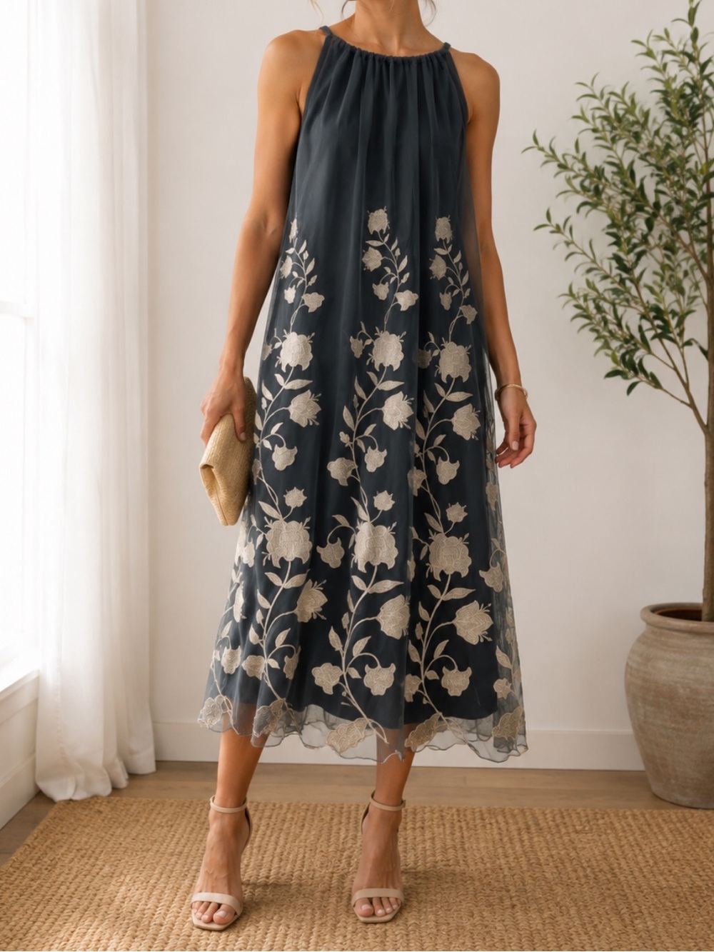 NWOT Sundance Sheer Floral Lace Embroidered Dress High Neckline Womens Large